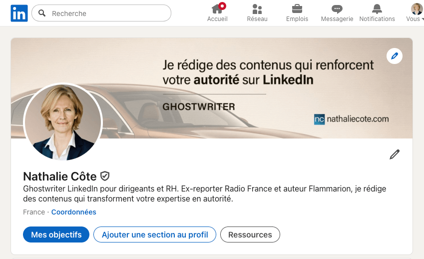 Page LinkedIn de Nathalie Côte ghostwriter Photo de la page LinkedIn de Nathalie Côte