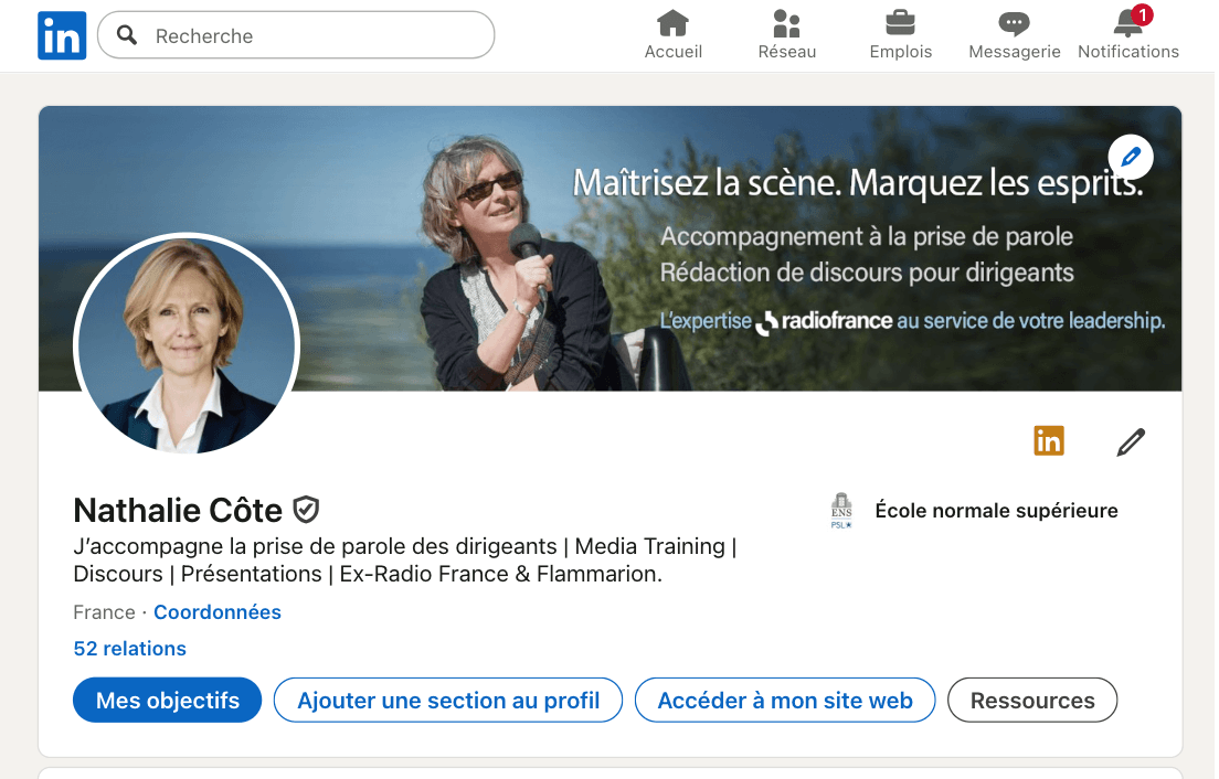 Lien vers profil LinkedIn Nathalie Côte conseil prise de parole Photo de la page LinkedIn de Nathalie Côte